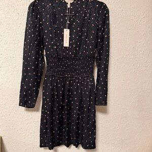 Rebecca Taylor Paint Dot Black Dress with Pink Accents long sleeve smocked waist